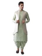 Kisah Mens Kurta Jacket Dhoti Set, Silk Blend Jacquard Mandarin Collar Long Sleeves, Beige Ethnic Wear Set For Men, 40
