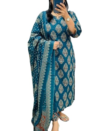 Anni Designer Women'S Rayon Viscose Straight Printed Kurta With Pant And Dupatta (Saivi Teal-Jp60_3Xl_Teal_Xxx-Large)