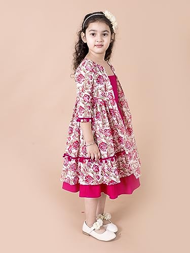 Pspeaches Girls Magenta White Floral A-Line Cotton Below The Knee Dress with Attached Shrug