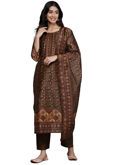 Varanga Women Brown Ethnic Motif Placket Embroidered Straight Kurta Paired With Tonal Solid Bottom And Printed Dupatta