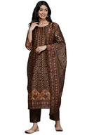 Varanga Women Brown Ethnic Motif Placket Embroidered Straight Kurta Paired With Tonal Solid Bottom And Printed Dupatta