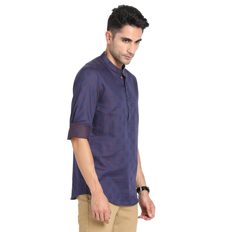 Turtle Men 100% Cotton Navy Jacqard Print Slim Fit Ceremonial Kurta