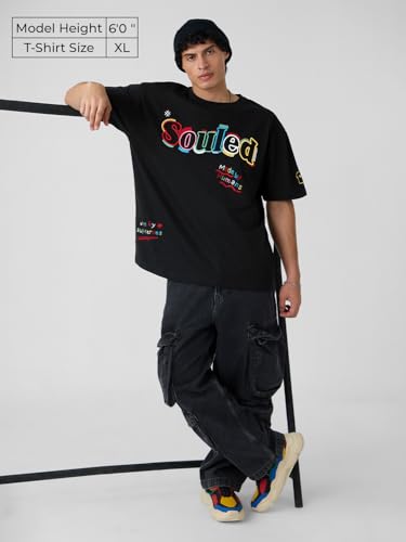 The Souled Store Oversized T-Shirt: Colour-Stroke Men and Boys Short Sleeves Round Neck Black Embroidered Cotton Oversized T-Shi