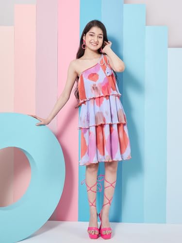 Pspeaches Girls Abstract Printed One Shoulder Style Georgette A-Line Dress Trandy StylePurple Color Fashionista Choice Eye-Catc