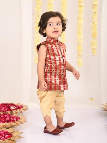Jbn Creation Infant Boys Maroon And Gold Silk Blend Kurta And Dhoti Set