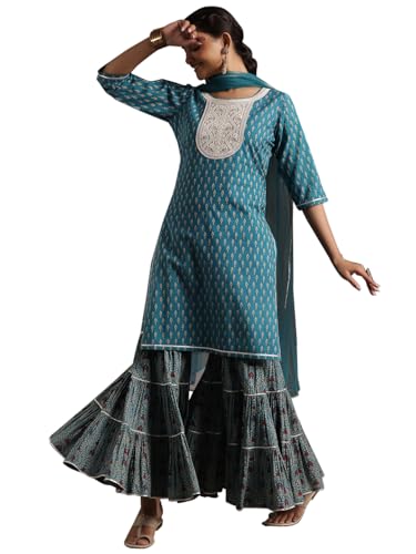 Libas Womens Printed Cotton Straight Kurta With Sharara And Dupatta Blue
