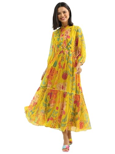 Libas Womens Printed Chiffon Fit And Flare Dress For Women Mustard