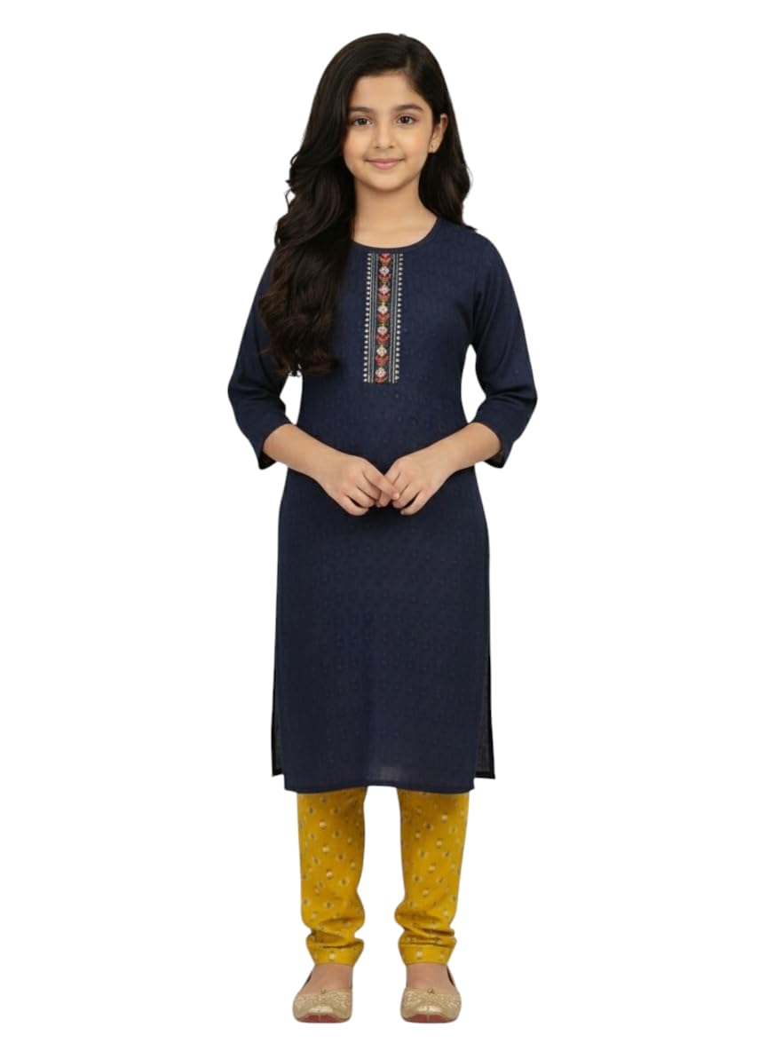 Aarika Girls Ethnic Wear Navy Blue Colour Embroidery Cotton Kurti-(8-15 Years)-(Oct_Kurti-Tr-K-1065-Navy-Blue-32)