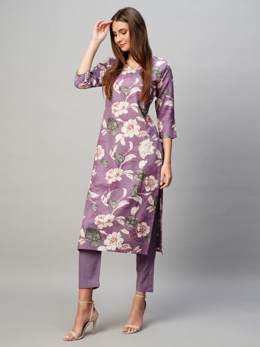 ANNI DESIGNER Womens Rayon Blend Printed Straight Kurta with Pant (DHUN-Purple-KBV Medium)