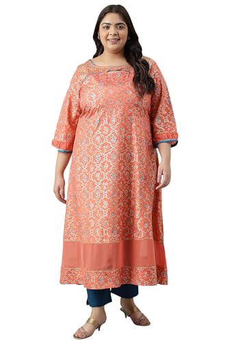 Peach Foil Printed A-Line Plus Size Liva Kurta