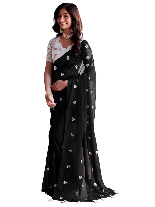 Satrani Womens Georgette Embroidery Saree with Unstitched Blouse Piece (3607S126N_Black)