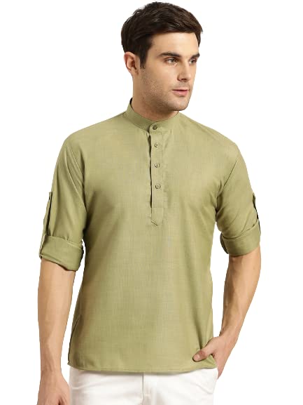 Sojanya (Since 1958, MenS Cotton Pista Green Short Kurta, Size: 44