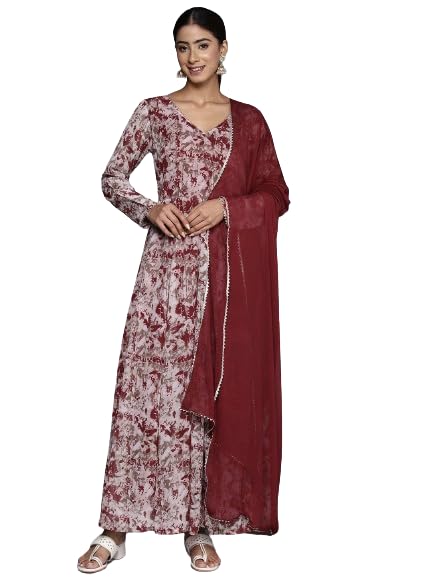 Varanga Maroon Abstract Printed V-Neck Embellished With Triangular Lace, Long Sleeves Embellished With Gota Lace Anarkali Kurta 