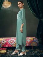 Sanisa Women'S Viscose Chanderi Embroidery Work Straight Kurta With Pant And Dupatta Set