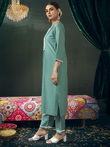 Sanisa Women'S Viscose Chanderi Embroidery Work Straight Kurta With Pant And Dupatta Set