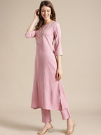 Varanga WomenS Mauve Straight Kurta With Gota Lace, Round Neckline, Side Slits, Straight Hemline - Casual Wear