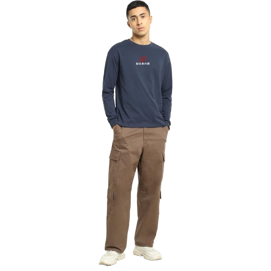 Bewakoof Mens No Jutsu Graphic Printed Cotton T-Shirt - Loose Fit, Crew Neck, Long Sleeves Blue