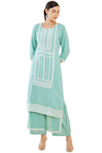 Soch Womens Turquoise Blue Rayon Embroidered Kurta Set With Layered Palazzo