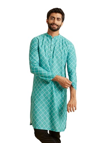 Manyavar MenS Blended Cotton Digital Print Kurta (Turquoise Blue,Xl)