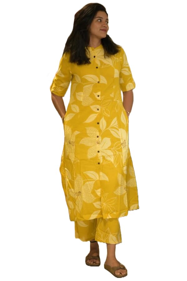 ANNI DESIGNER Womens Rayon Viscose Straight Printed Kurta with Pant (Sunoni Yellow_XXL_Yellow_XX-Large)
