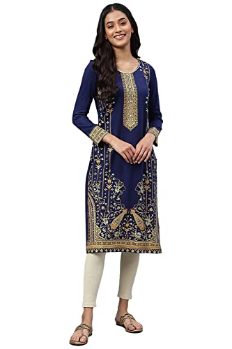 Aurelia Women Dark Blue Acrylic Floral Printed Straight Kurta_22NOA13695-505610_XXL