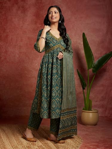 Libas Green Printed Cotton A-Line Kurta With Trousers & Dupatta