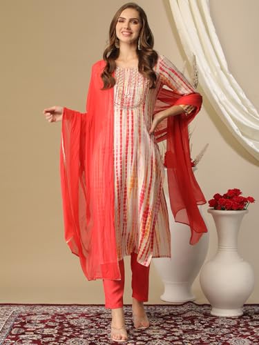 ANNI DESIGNER Womens Rayon Blend Straight Printed Kurta with Pant & Dupatta (Tiedye Red-NW_XXL_Red_XX-Large)