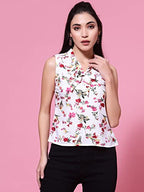 OOMPH! Womens Crepe Printed top with Tie Neck and Sleeveless