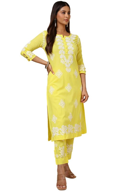Soch Womens Yellow Cotton Blend Embroidered Kurta Set