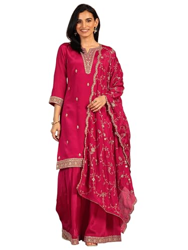 Libas Womens Embroidered Chinon Straight Kurta With Palazzos And Dupatta