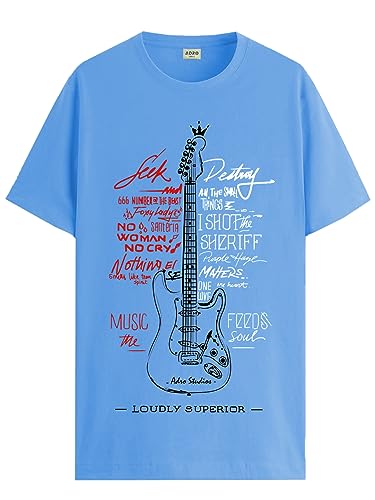 ADRO Guitar Design Printed T-Shirt for Men - 100% Cotton, Regular Fit, Soft Breathable Fabric. (RN23-M-GTR-SK_SkyBlue_XL)