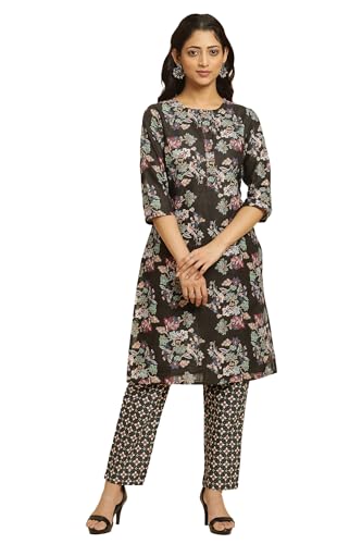 W For Woman Black Floral Printed Kurta And Pants Set (Size: Xl)-24Auws10336-122683