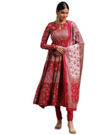 Libas Womens Printed Cotton A-Line Kurta With Churidar And Dupatta