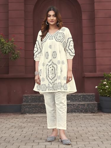 Womanista WomenS Pure Cotton Solid Regular Embroidered Co-Ord Set 9137_Off White