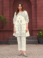Womanista WomenS Pure Cotton Solid Regular Embroidered Co-Ord Set 9137_Off White