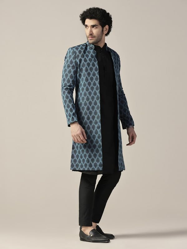Kisah MenS Indo-Western Kurta Sherwani Trouser Set, Turquoise Blue Silk Blend, Woven Design Regular Fit Mandarin Collar Long Sl
