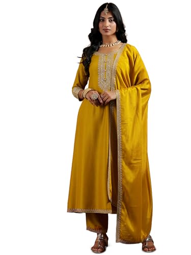Libas Womens Yoke Design Silk Blend A-Line Kurta With Trousers And Dupatta