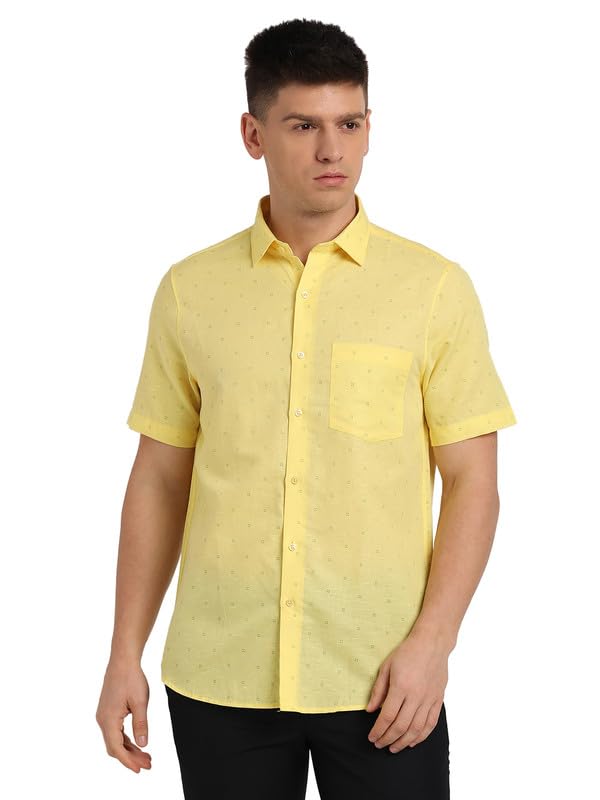 Turtle Men Cotton Linen Regular Fit Lime Yellow Printed Half Formal Shirt