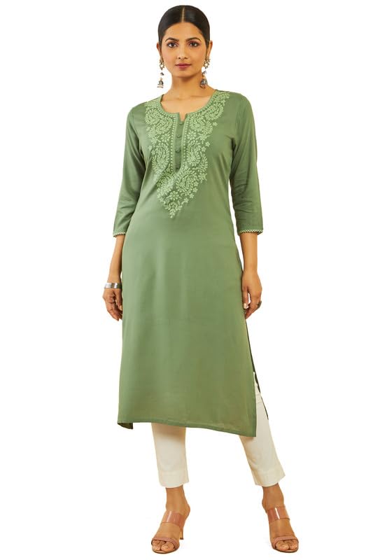 Soch Womens Olive Rayon Paisley Embroidered Straight Kurta
