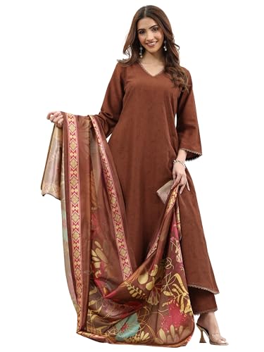 Libas Brown Printed Silk Blend A-Line Kurta Set For Women (400280Ihxxl)