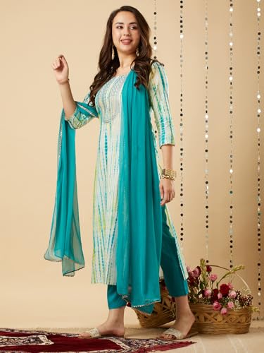ANNI DESIGNER Womens Cotton Blend Straight Printed Kurta with Pant & Dupatta (Tiedye-RAMA Blue_5XL_Blue_XXXXX-Large)