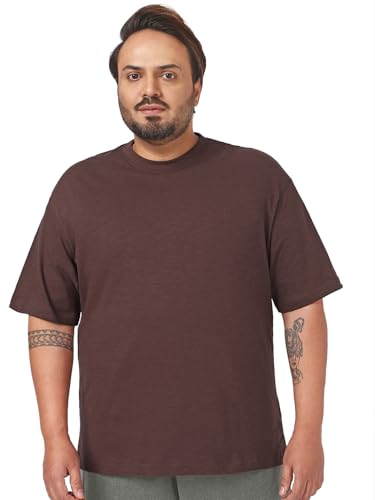 Bewakoof Air 1.0 MenS Solid Oversized Fit Half Sleeve Round Neck Slub Cotton Jersey Plus T-Shirt_646832_Brown_6Xl