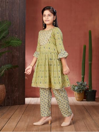 Aarika Girls Ethnic Wear Green Colour Leaf Pattern With Gota Lace Rayon Kurti Pant Set (4-15 Years)
