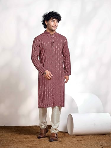 Vardha MenS Viscose Woven Jacquard Stitched Kurta With Linear Striped And Diamond Jacquard Pattern And Full Sleeve | Kurta For
