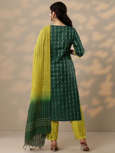 Libas Womens Woven Design Silk Blend Straight Kurta With Salwar And Dupatta
