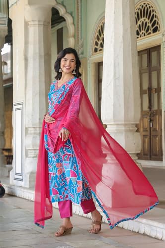 ANNI DESIGNER Womens Cotton Blend Straight Printed Kurta with Pant & Dupatta (DOWN-RAMA Blue-NKF_XXL_Blue_XX-Large)