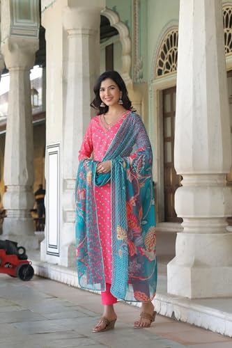 ANNI DESIGNER Womens Cotton Blend Straight Printed Kurta with Pant & Dupatta (Foolkiran Pink_XL_Pink_X-Large)