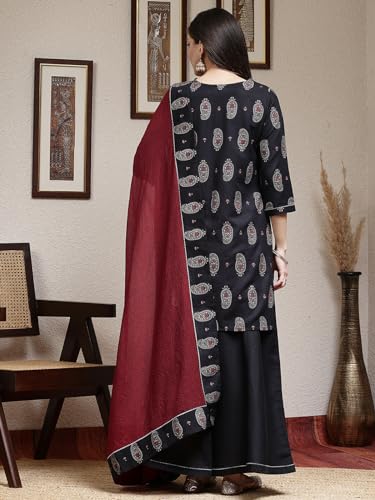 Sanisa Women'S Rayon Blend Printed & Foil Work Straight Kurta With Pant And Gota Lace Work Dupatta