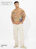 The Souled Store Explorer Men And Boys Short Sleeves Round Neck Brown All Over Printed Cotton Oversized T-Shirts
