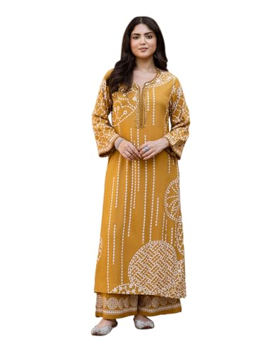 Ishin Mustard Quriky Printed Embellished Kurta With Solid Palazzo